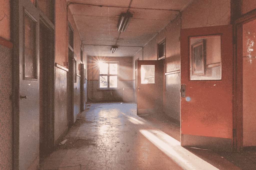 A dim hallway in a crumbling public housing block, its red door ajar and sunlight slicing through dust—hinting at lives once lived behind closed doors.