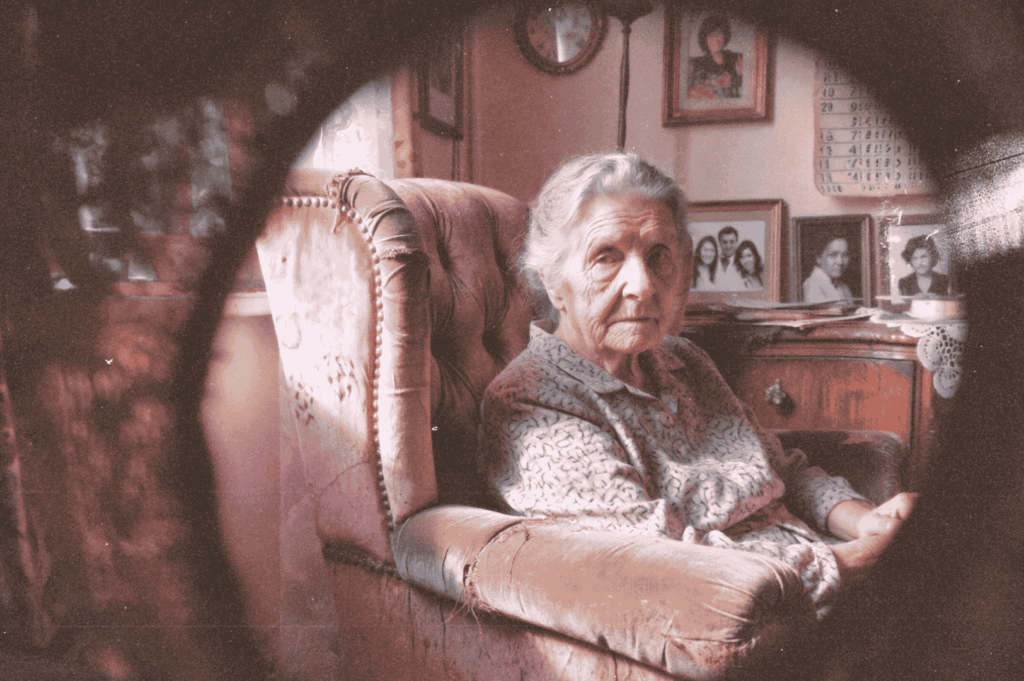 An elderly resident framed in soft light, seated beside mementos and a 1977 calendar—capturing the quiet dignity of public housing’s final chapter.
