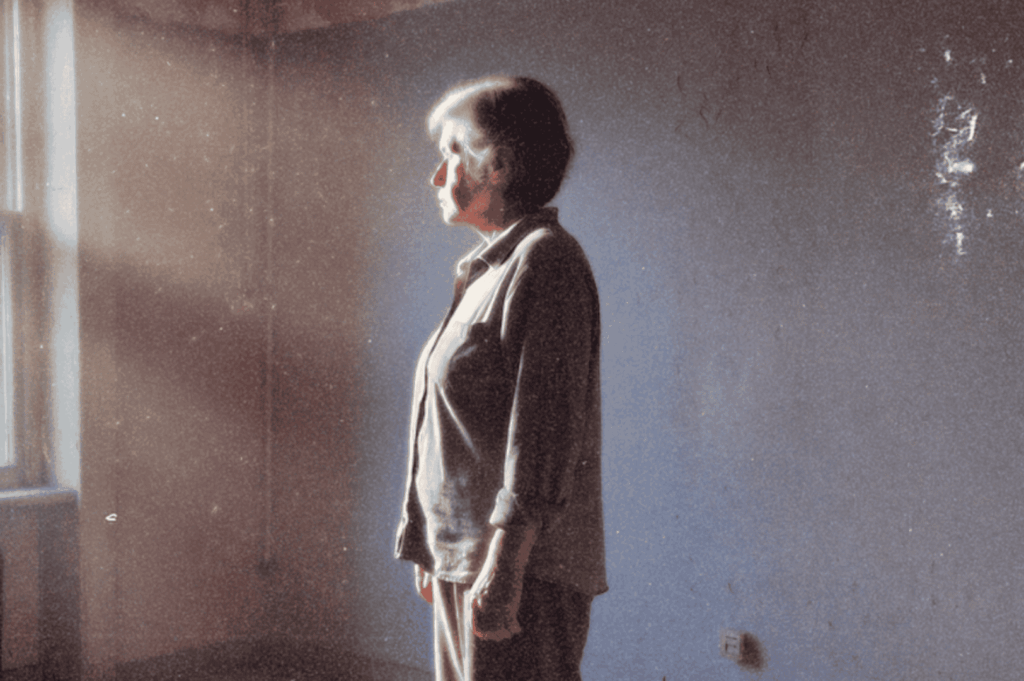 A lone figure bathed in window light stands in a stripped-down room—marking the quiet end of a public housing story.