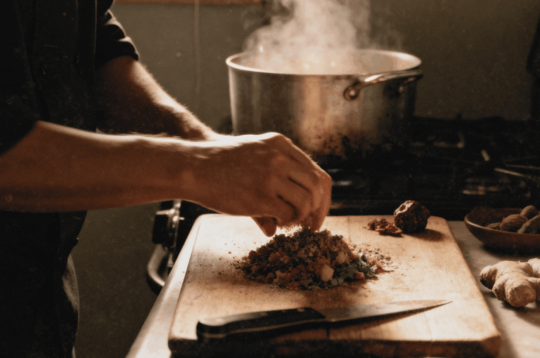 Close-up of a cook’s hands sprinkling herbs over chopped vegetables on a wooden board, with a steaming pot in the background.