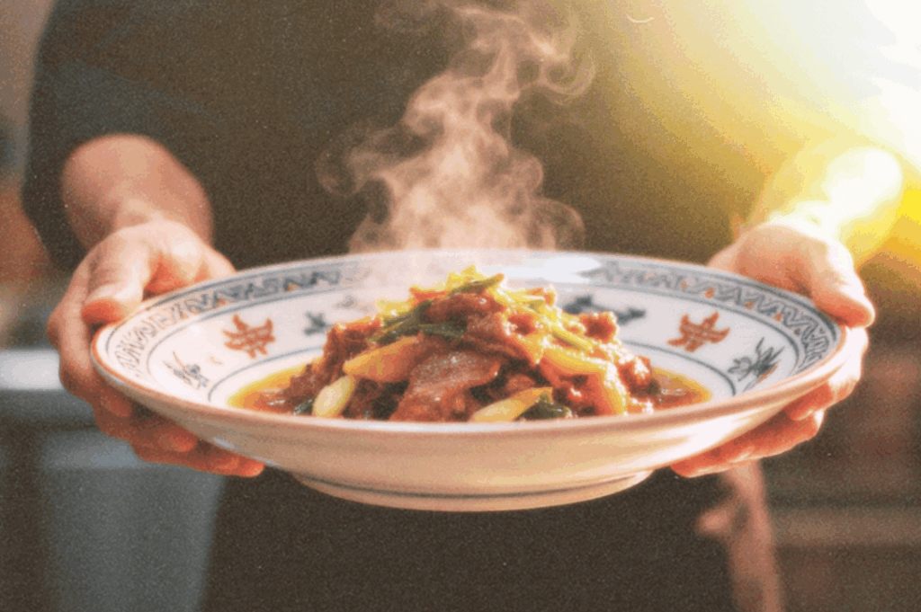 Close-up of a person holding a steaming plate of home-style stew in a kitchen, captured in warm light.