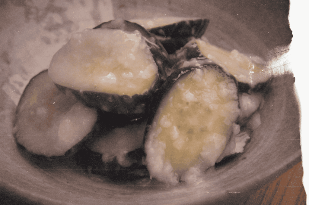 A rustic ceramic bowl holds glistening slices of marinated cucumber, steeped in sepia tones—an intimate nod to the quiet persistence of fermented memory in Japanese culinary tradition.