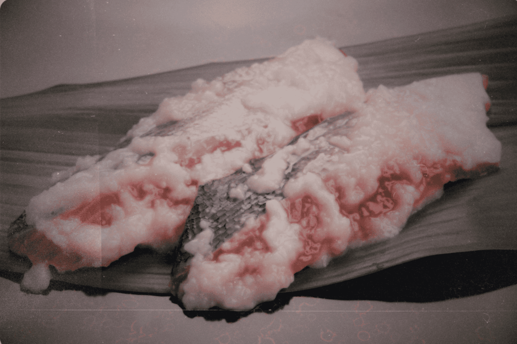 Two fillets of marinated fish rest on a broad leaf, their pale coating hinting at fermented rice—an elegant still life of preservation and tradition in the hands of Japan’s koji masters.