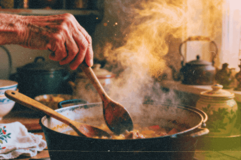Close-up of an elderly hand stirring a steaming pot of stew in a warm, sunlit kitchen.