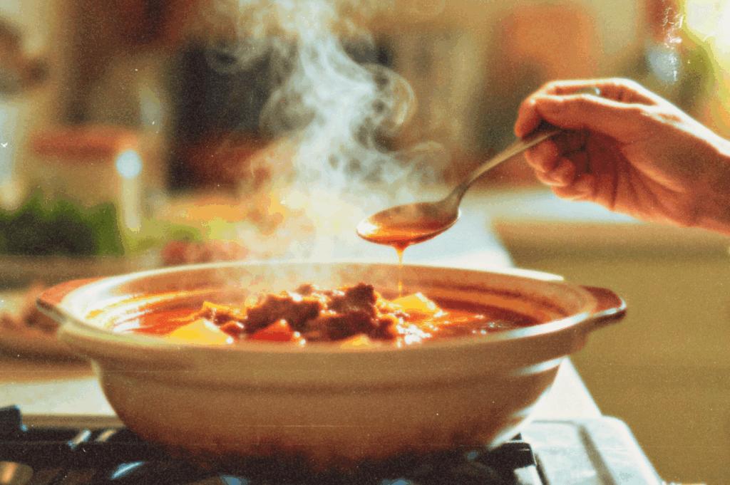A close-up of an elderly hand tasting steaming stew from a pot on the stove, capturing the warmth and care of a home-cooked meal.