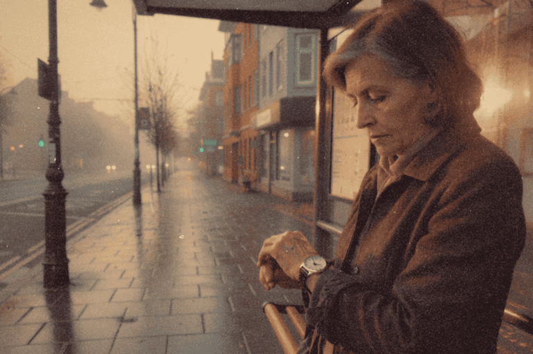 A solitary figure in a brown coat checks their watch at a misty bus stop on a rain-slicked street, evoking quiet anticipation and the melancholic beauty of early morning stillness.