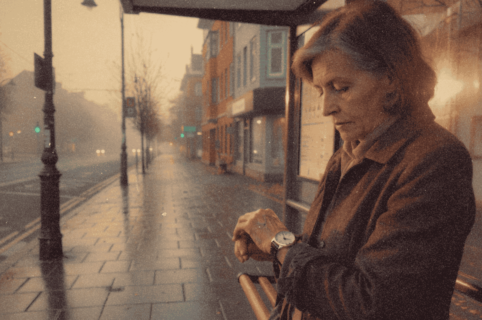 A solitary figure in a brown coat checks their watch at a misty bus stop on a rain-slicked street, evoking quiet anticipation and the melancholic beauty of early morning stillness.