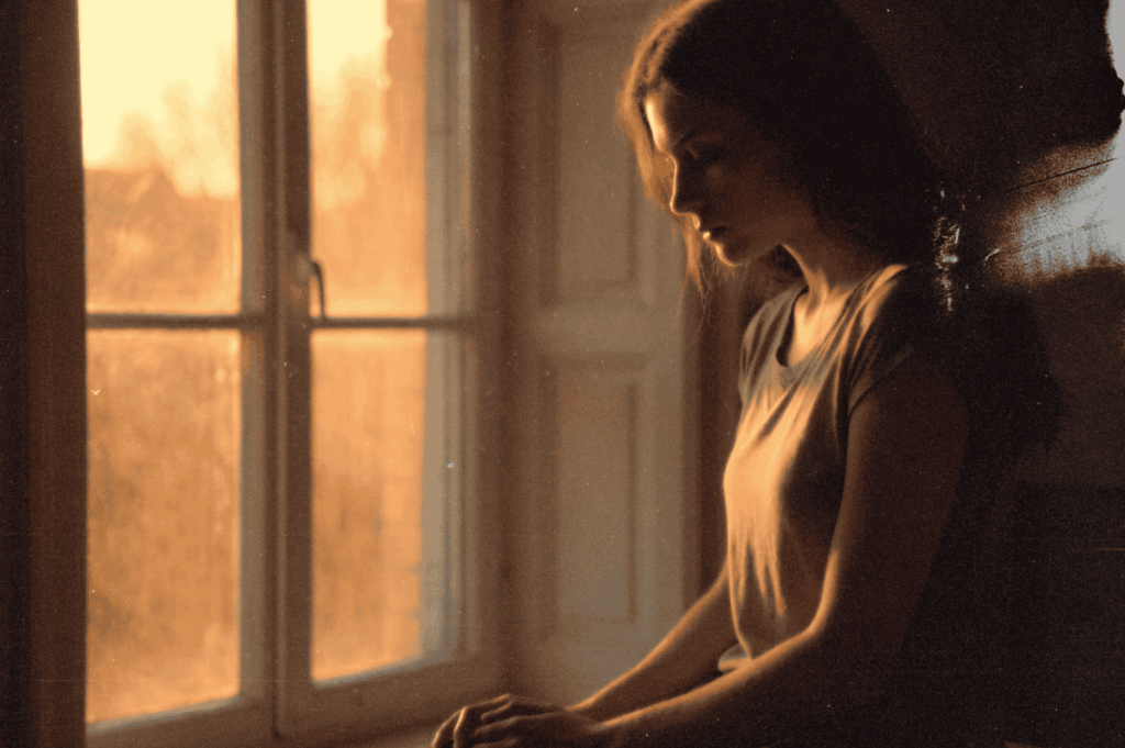 A person bathed in golden light sits quietly by a window at sunrise, their downward gaze and still hands capturing a moment of introspective waiting.