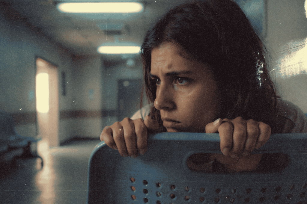 A woman grips the back of a plastic chair in a dim hallway, her intense gaze and tense posture capturing the quiet urgency of waiting.