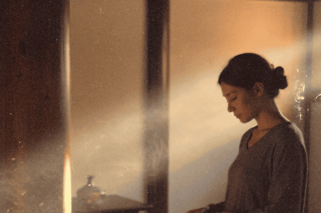 A person stands bathed in soft, golden light near a window, their quiet posture and downward gaze capturing the stillness and introspection of waiting.