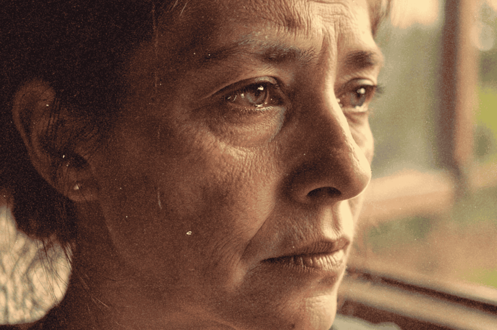 A close-up of a contemplative face bathed in natural light, gazing out a window toward blurred greenery, evoking quiet reflection and the passage of time.