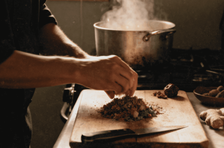 Close-up of a cook’s hands sprinkling herbs over chopped vegetables on a wooden board, with a steaming pot in the background.