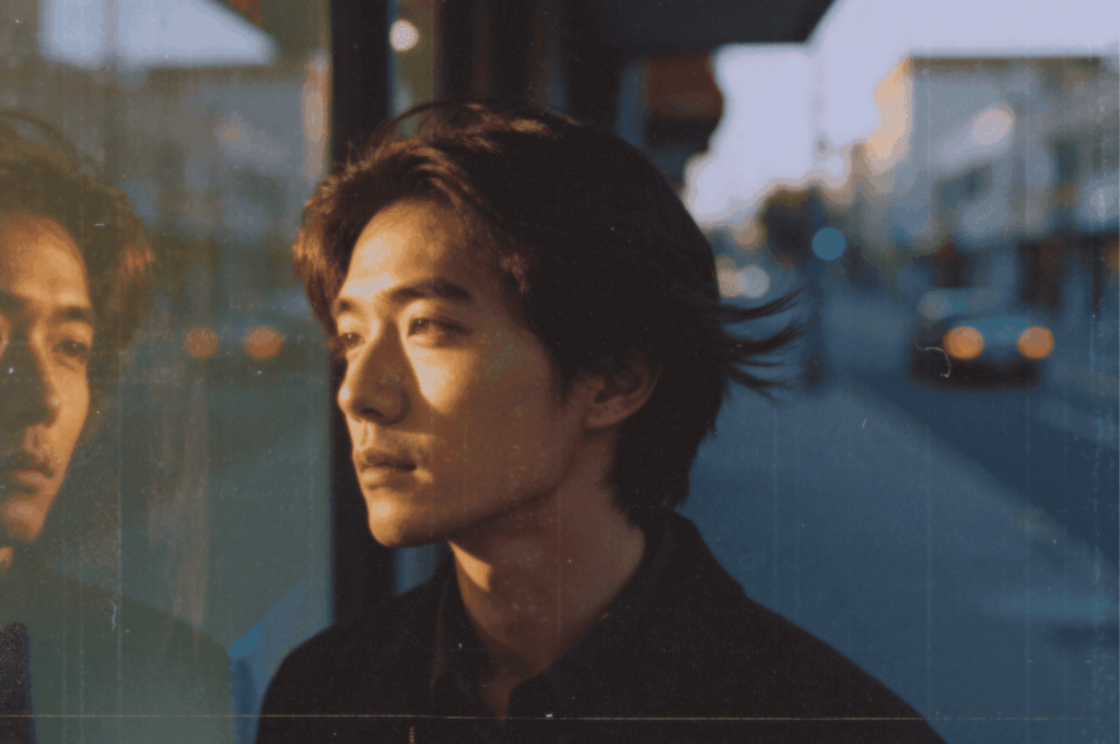 Person looking down, face half-lit from light from window.