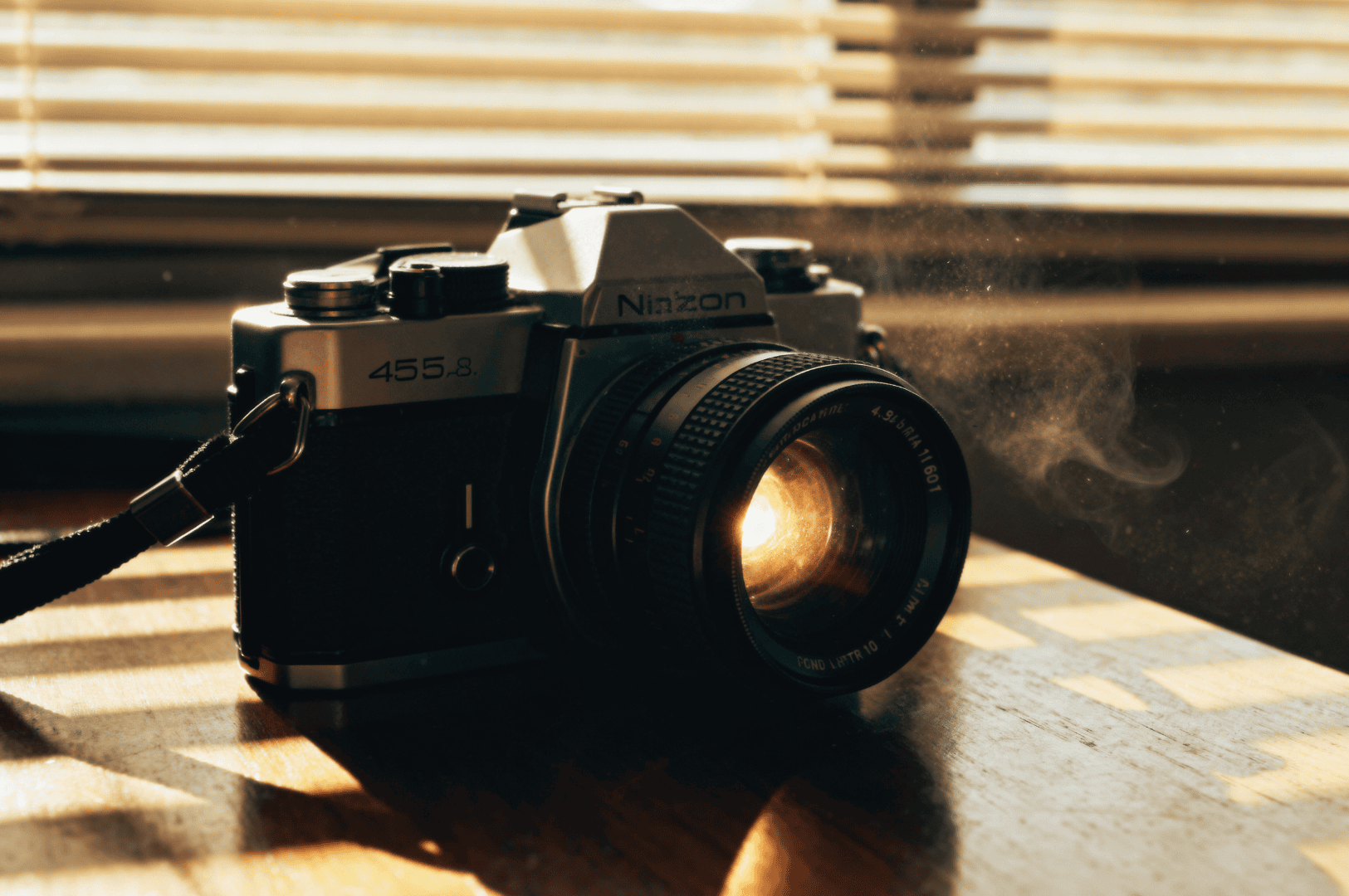 A lone tree stands on top of a grassy hill surrounded by light fog, with soft sunlight filtering through the mist.