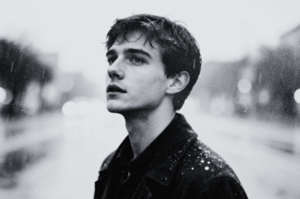 Black and white photo of a person standing in light rain on a blurry city street, looking upward.