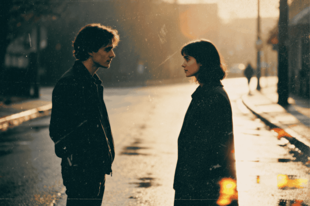Two people stand facing each other in the middle of a quiet street during sunset, with warm golden light creating a soft and emotional atmosphere.