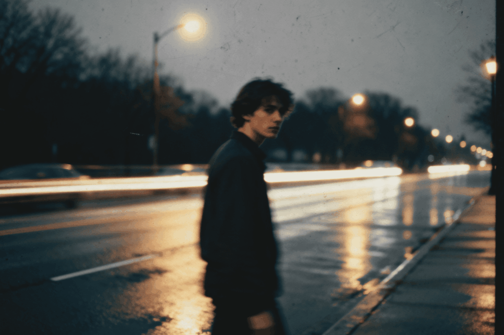 A person stands on the side of a wet road at night, with blurred lights from passing cars creating streaks across the scene. The atmosphere is moody and dim, with streetlights reflecting off the slick pavement.