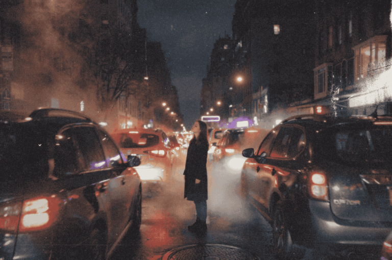 A lone figure stands still in the center of a mist-shrouded city street at night, framed by glowing headlights and towering buildings—capturing a moment of quiet defiance amid urban chaos.