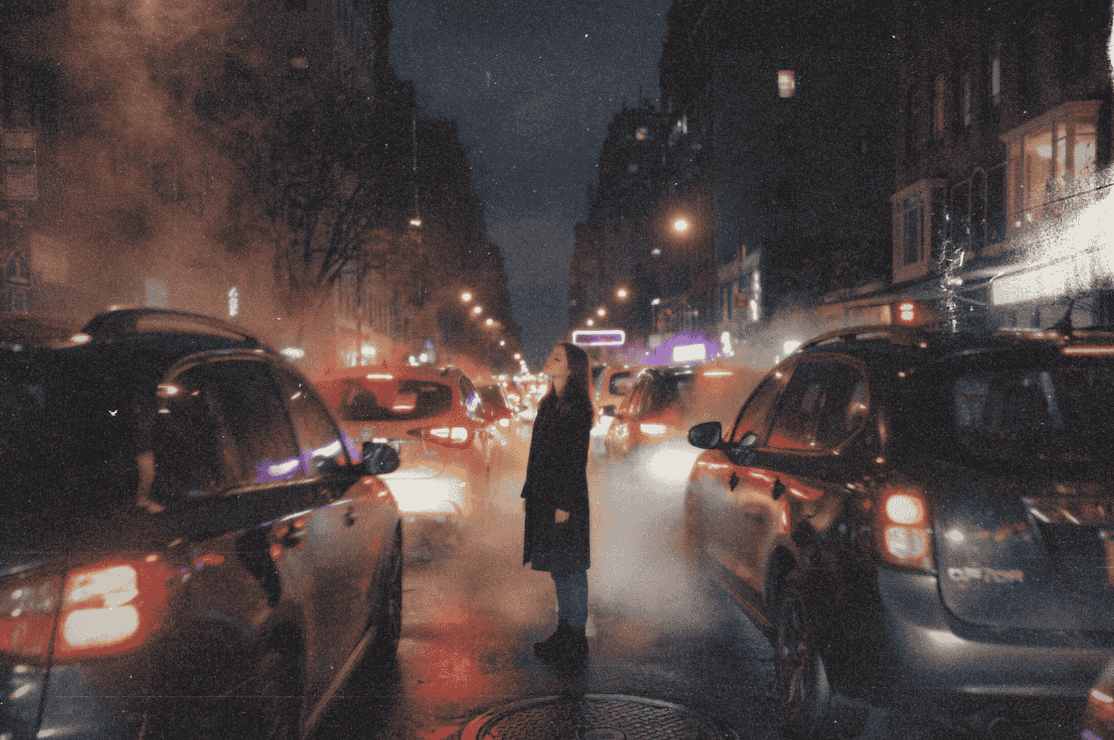 A lone figure stands still in the center of a mist-shrouded city street at night, framed by glowing headlights and towering buildings—capturing a moment of quiet defiance amid urban chaos.