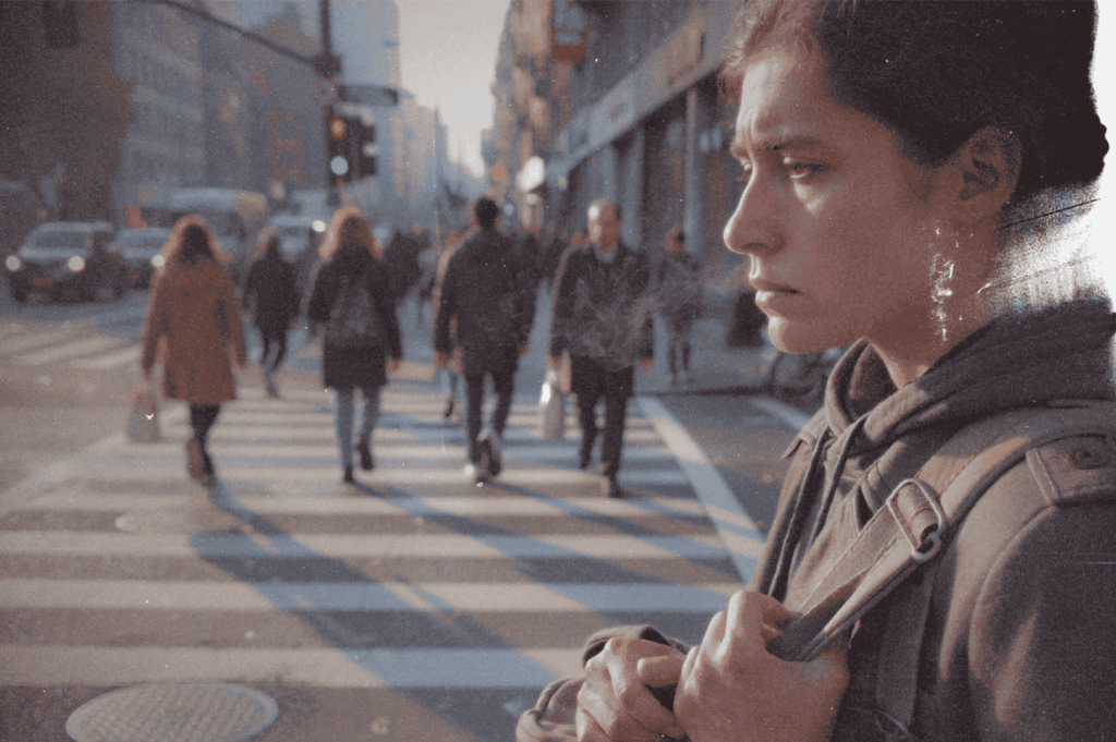 A contemplative figure grips their backpack at a city crosswalk, pausing as the crowd flows past—capturing the quiet tension between movement and stillness