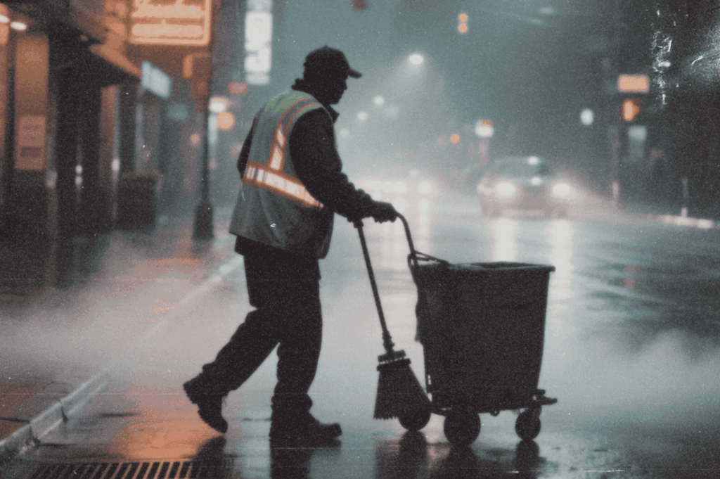 A lone sanitation worker moves through a misty city street at night, framed by moody lighting and distant traffic—quietly maintaining the city while most sleep