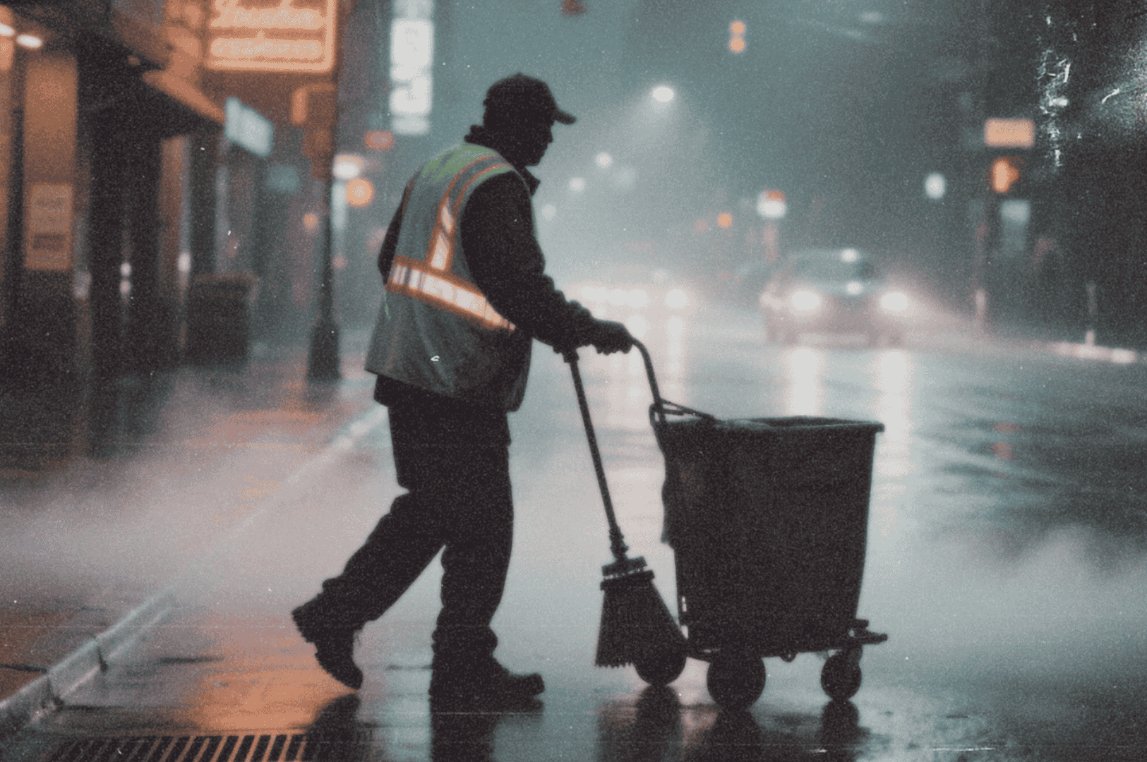 A lone sanitation worker moves through a misty city street at night, framed by moody lighting and distant traffic—quietly maintaining the city while most sleep