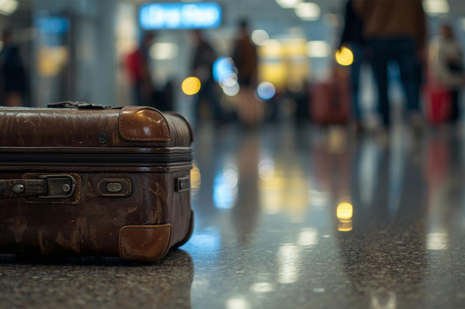 Close-up of a vintage brown leather suitcase on the polished floor of an airport terminal with blurry people and lights in the background.
