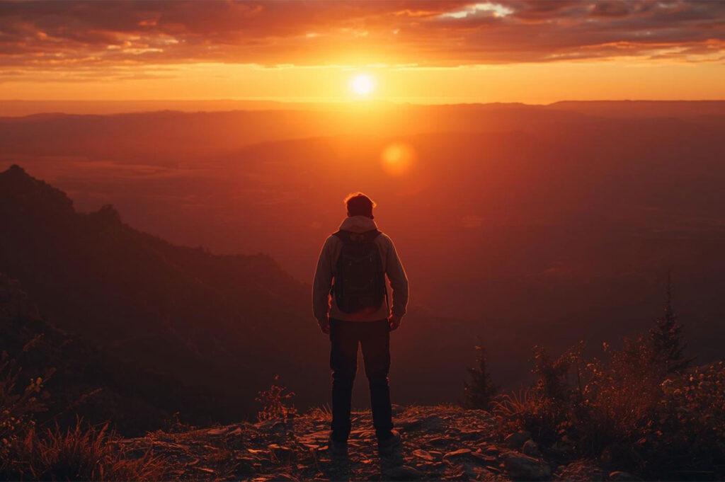 Silhouette of a man with a backpack standing on a rocky mountain peak, overlooking a vast landscape bathed in the brilliant orange light of sunset.