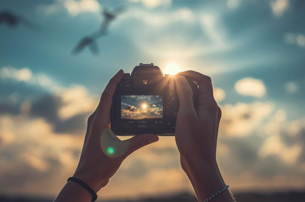 A pair of hands holding a professional DSLR camera, capturing a bright, dramatic sunset with the sun's flare visible through the lens and birds flying in the sky.