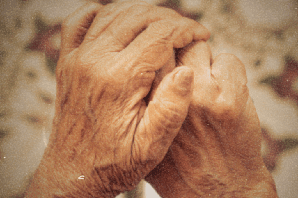 Two aged hands clasped in quiet reverence, their weathered skin and entwined fingers speaking of endurance, memory, and the grace of time held gently between them.