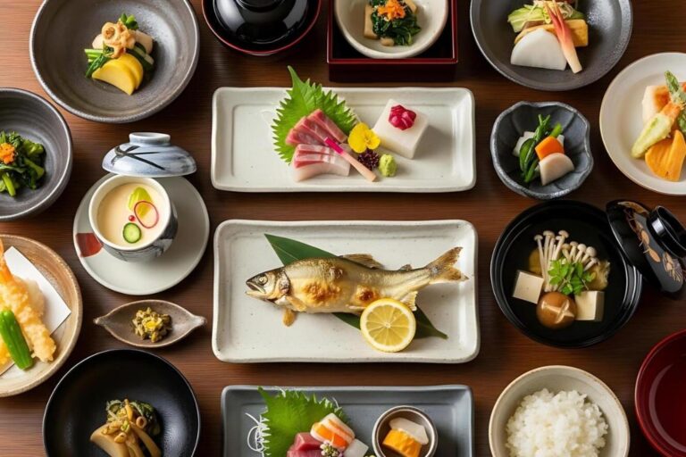 An overhead view of an elaborate Japanese multi-course dinner (Kaiseki or Washoku). The table is covered with many small, meticulously arranged dishes, including sashimi, a grilled whole fish (likely Ayu), tempura, various simmered and pickled vegetables, a bowl of chawanmushi (savory egg custard), and white rice. The presentation is highly artistic and varied.