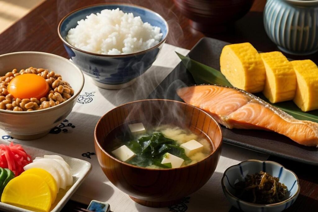 A traditional Japanese breakfast spread. The focus is a bowl of steaming miso soup with tofu and seaweed, surrounded by a bowl of white rice, nattō (fermented soybeans) with a raw egg yolk, slices of grilled salmon, portions of tamagoyaki (rolled omelet), and various Japanese pickles (tsukemono) including yellow pickled daikon and pink ginger.