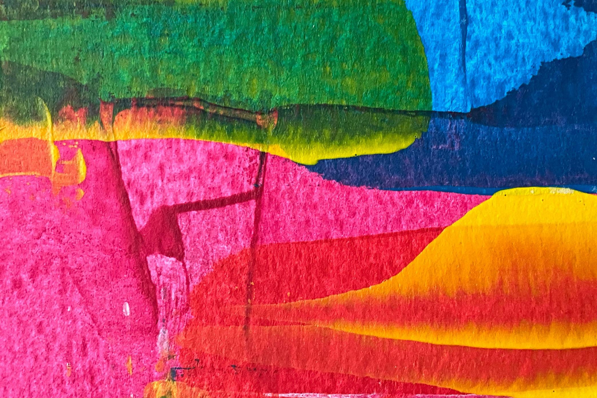 This vibrant abstract painting features bold, overlapping swathes of hot pink, emerald green, bright yellow, and deep blue.