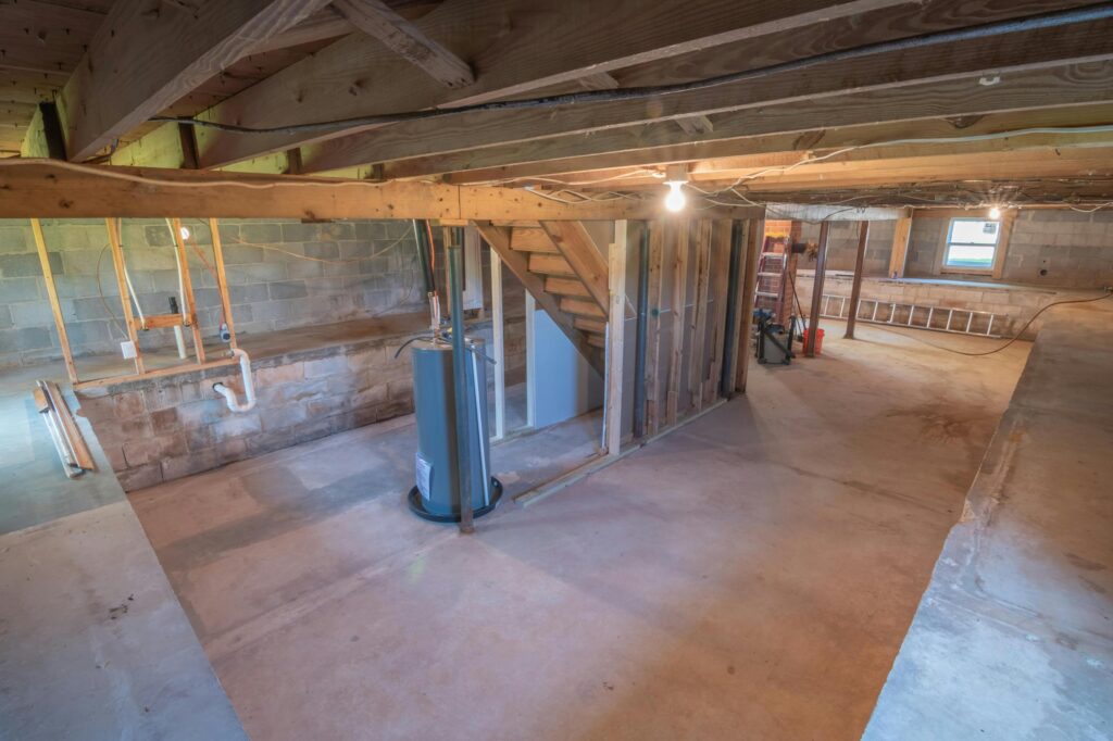  This image shows an unfinished basement with exposed wooden beams, concrete floors, and visible wiring and plumbing.