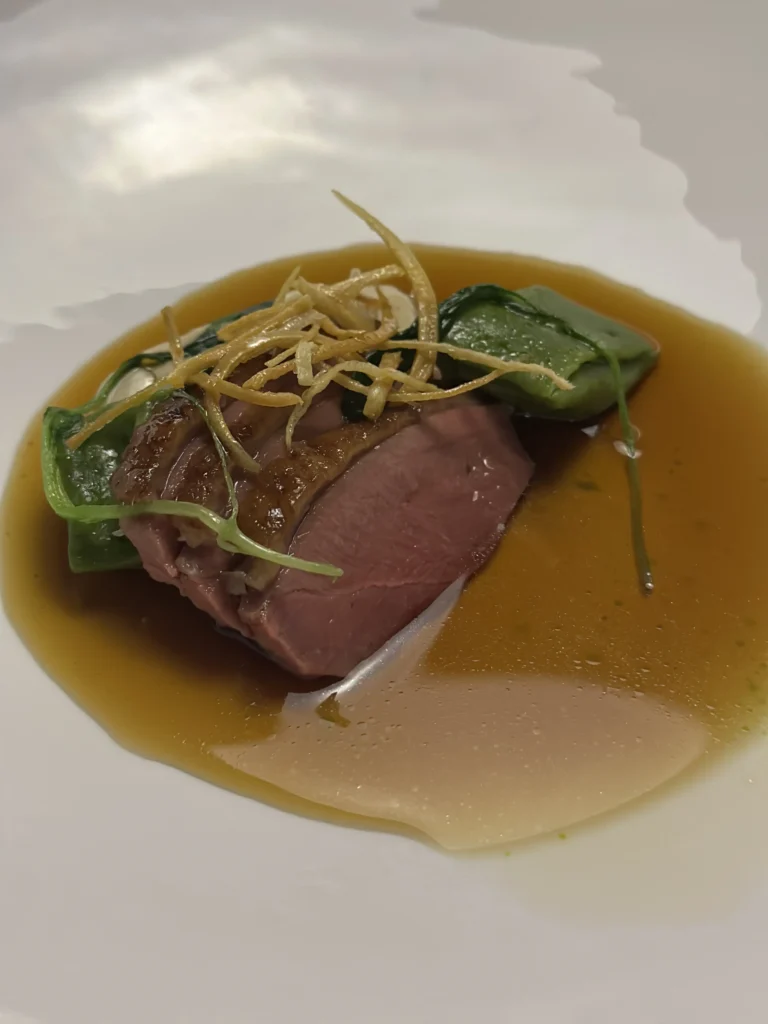 This elegant dish presents a slice of seared meat with a pink center, resting in a glossy, amber-colored broth alongside a folded green vegetable parcel. The composition is finished with a garnish of fine, crispy fried shreds scattered over the top for added texture.