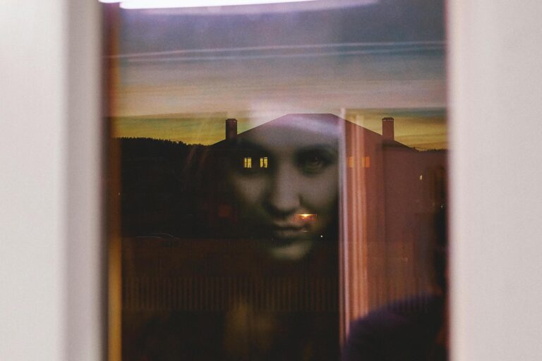This image features a double exposure effect where a woman's face is layered over a scenic view of a house at dusk.