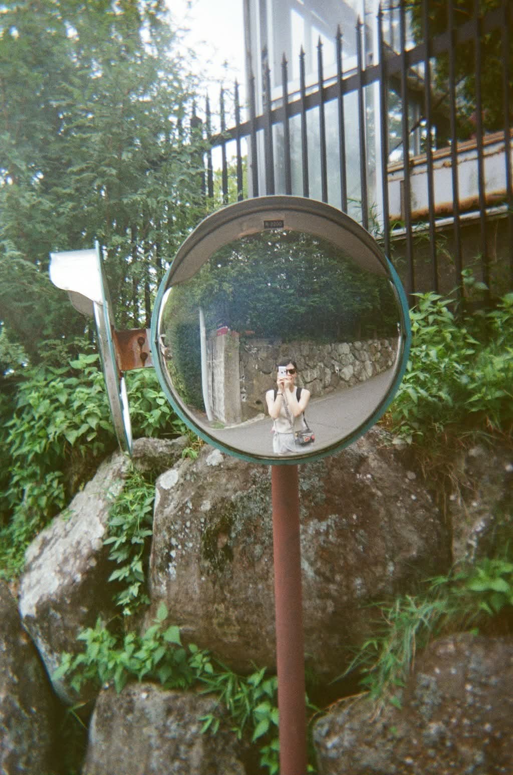 A person takes a mirror selfie in a convex traffic mirror outdoors. The reflection shows them holding a camera against a background of a stone wall and lush green trees.