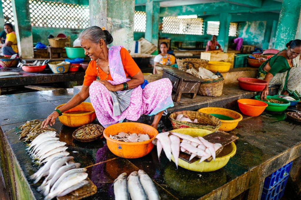 In this bustling fish market, an elderly woman in a bright sari carefully arranges small fish on a wet concrete counter.