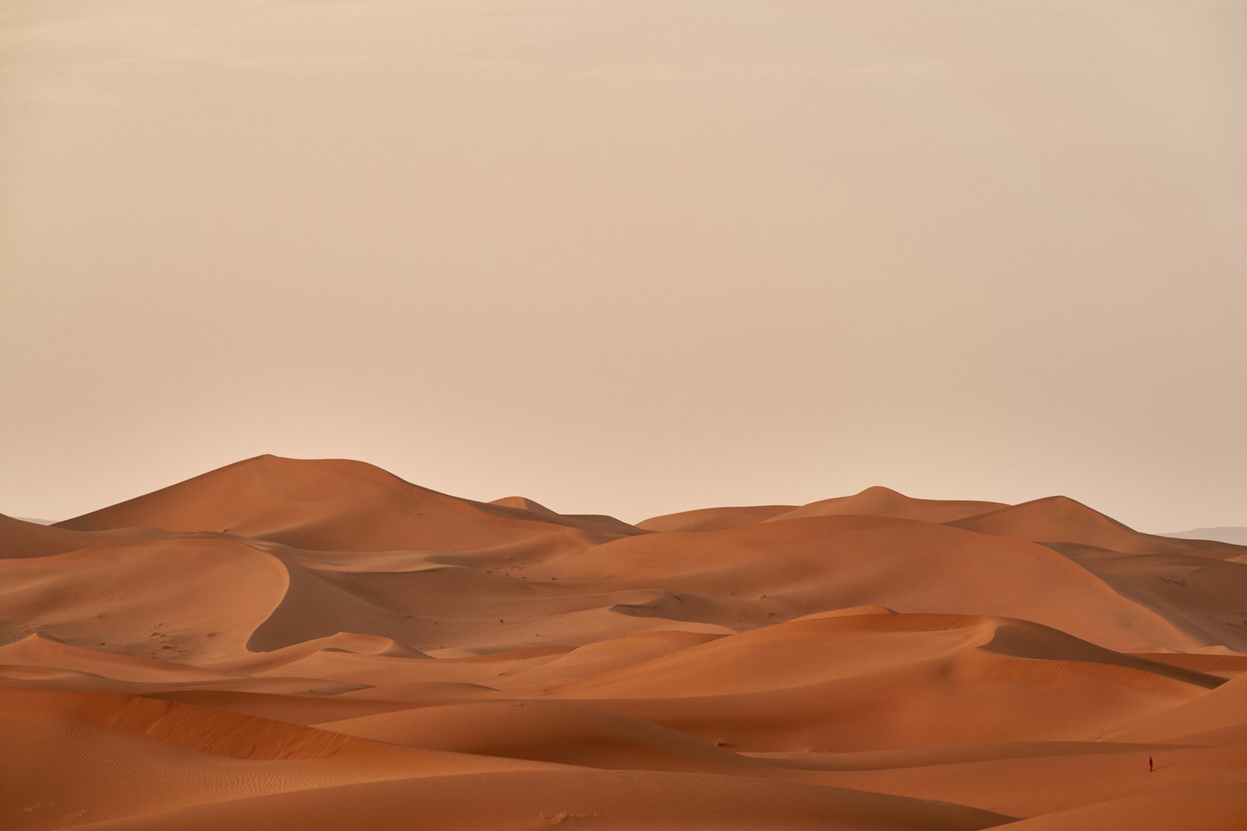 A vast expanse of rolling orange sand dunes stretches across the horizon under a soft, hazy sky. The minimalist landscape emphasizes the rhythmic curves and sharp ridges of the desert, creating a sense of quiet isolation.