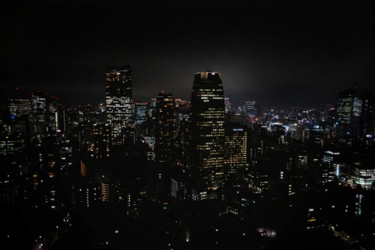 This night photograph captures a sprawling city skyline illuminated by countless glowing windows and red aviation lights against a dark, moody sky. In the center, a prominent, rounded skyscraper stands tall as the focal point among a dense sea of shorter urban buildings.
