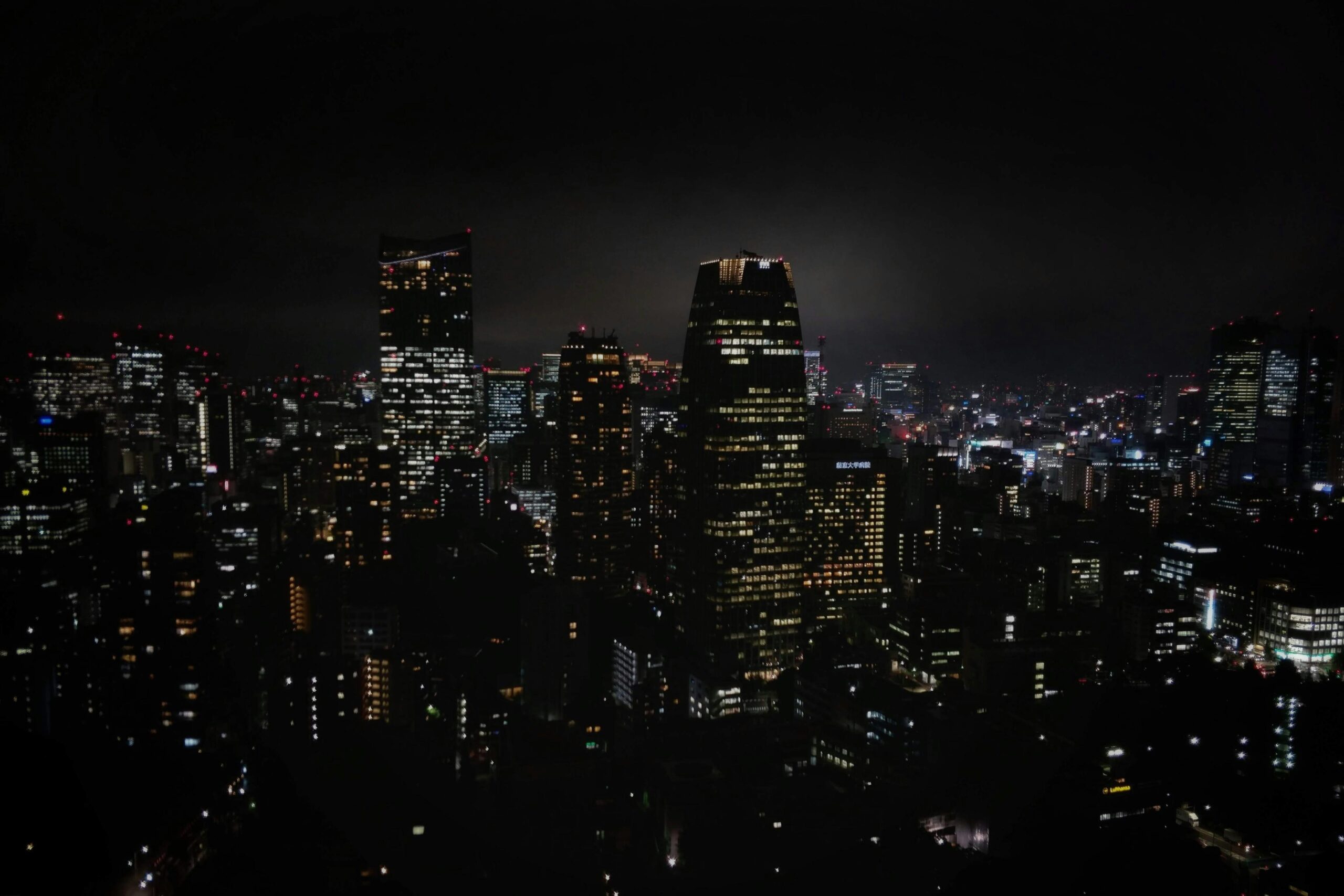 This night photograph captures a sprawling city skyline illuminated by countless glowing windows and red aviation lights against a dark, moody sky. In the center, a prominent, rounded skyscraper stands tall as the focal point among a dense sea of shorter urban buildings.