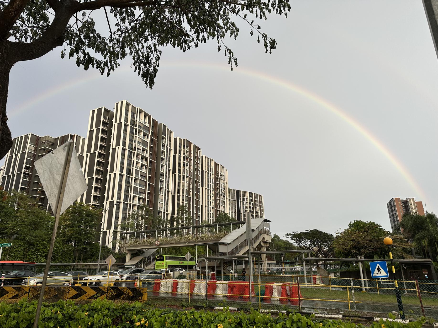 A vibrant rainbow arches across a gloomy, overcast sky, framing a modern multi-story residential complex and a nearby pedestrian bridge. In the foreground, a busy roadside features a green double-decker bus, parked cars, and temporary traffic barriers under the shade of large trees.