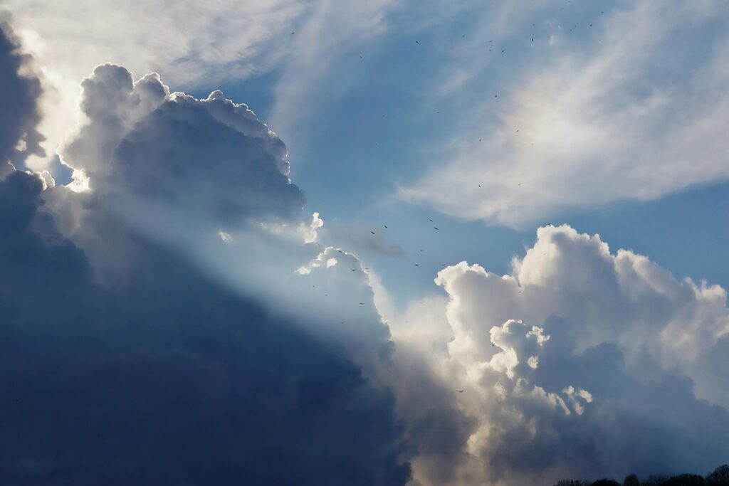 Dramatic sunlight breaks through a heavy bank of dark and light-edged clouds against a blue sky. Small birds are scattered across the open air, caught in the atmospheric light of the approaching storm.