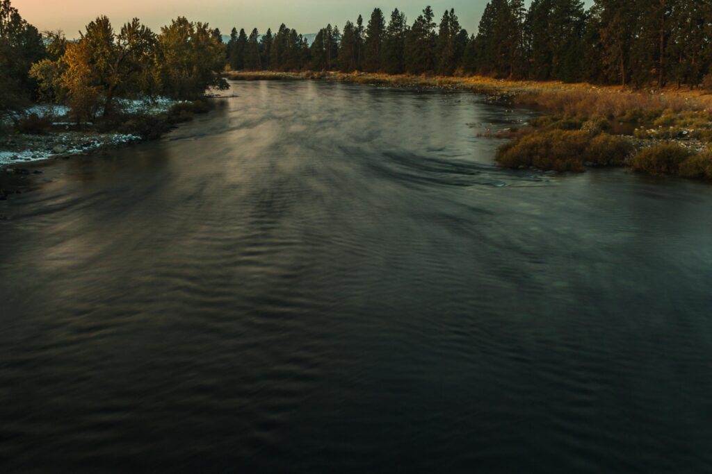 A wide river flows smoothly between banks lined with dense pine forests and patches of autumn-colored trees. The scene is captured at dusk, featuring soft, natural lighting and a long exposure effect that blurs the movement of the water.