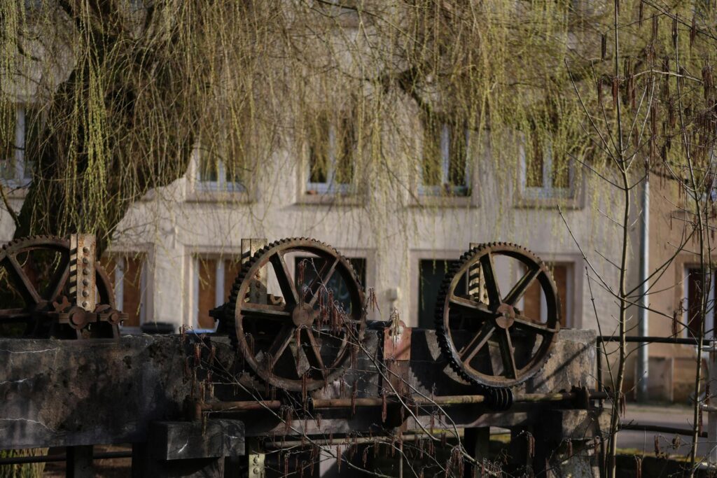 Weathered iron gears sit atop a weathered stone wall in front of a building and drooping tree branches. The industrial machinery appears rusted and aged within a quiet, natural setting.