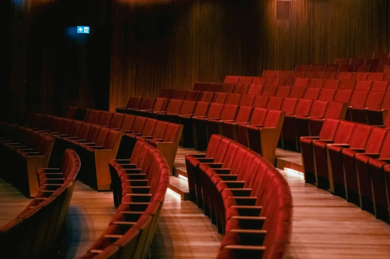 Empty theater rows with red velvet seats and wood paneled walls.