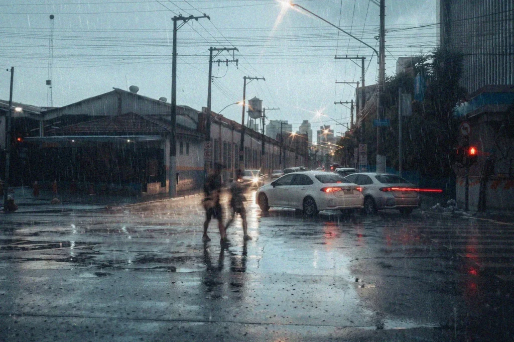 Pedestrians crossing a wet city street in heavy rain with cars and streetlights.