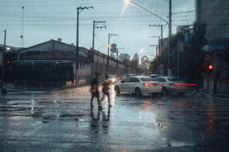 Pedestrians crossing a wet city street in heavy rain with cars and streetlights.