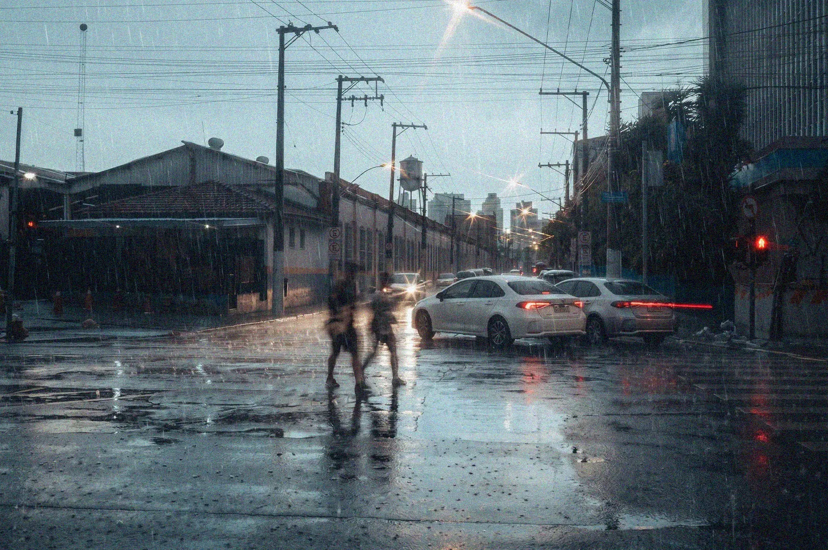 Pedestrians crossing a wet city street in heavy rain with cars and streetlights.