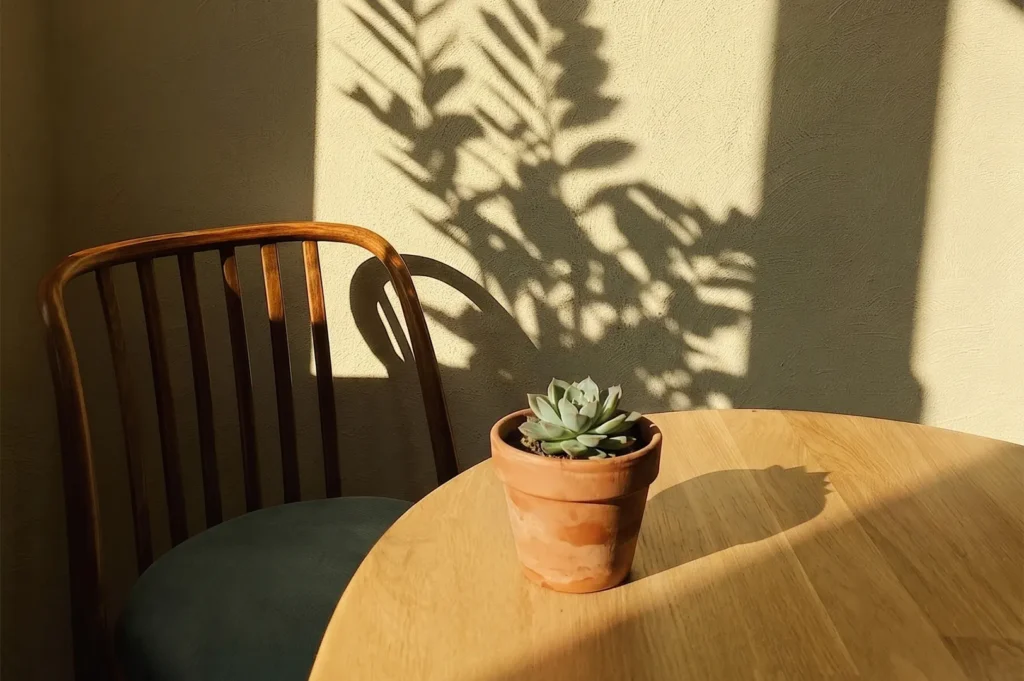 Small succulent plant in a terracotta pot on a wooden table with dramatic sunlight and shadows.
